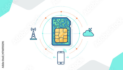 Vibrant vector illustration showcasing a mobile SIM card with a detailed microcircuit design, symbolizing connectivity and technology, surrounded by icons representing a cell tower, a smartphone, and