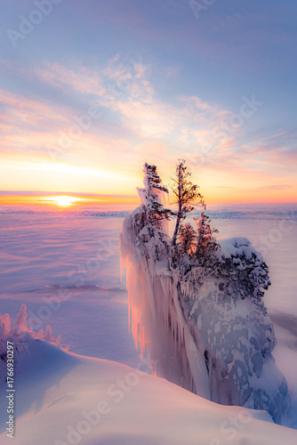 Frozen Lake Superior Cliff Illuminated by Winter Sunrise