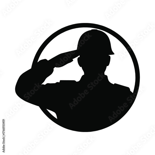Black silhouette of a soldier in uniform saluting inside a circle on a white background military salute vector illustration.