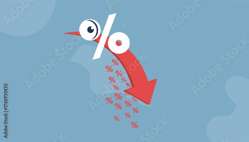 Whimsical vector illustration of a large white percentage sign with cartoon eyes and a beak, dramatically falling downwards on a red arrow, symbolizing a steep decline in interest rates or financial