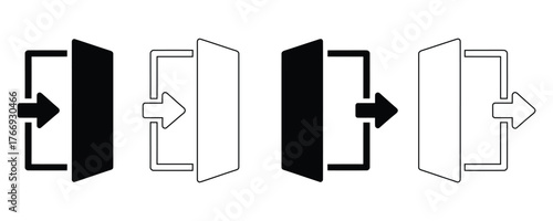 Professional login and exit icons with solid fill and outline variations for modern digital interfaces and user experience design