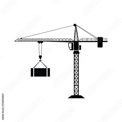 Black silhouette of a tower crane lifting a rectangular load against a white background construction.
