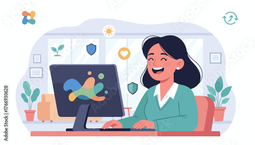 Joyful woman working on a computer in a modern office, symbolizing job satisfaction, passion, and happiness in the workplace, with icons representing growth, security, and well-being, creating a
