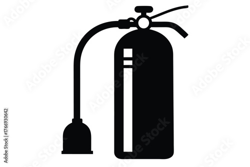 Black fire extinguisher with pressure gauge and nozzle against white background