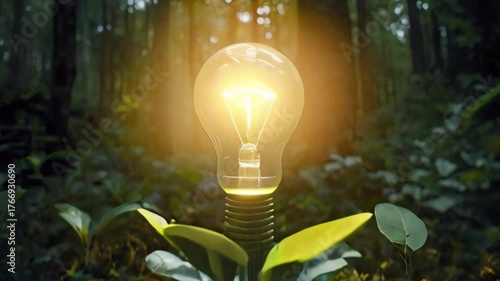 glowing light bulb emerging from a small plant in a forest setting, symbolizing innovation and sustainable energy created with generative ai