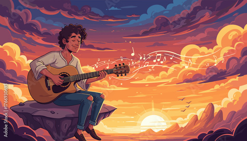 A young man with curly hair sits on a rock, playing an acoustic guitar with his eyes closed, lost in the music as notes float into a vibrant sunset sky filled with dramatic clouds and distant