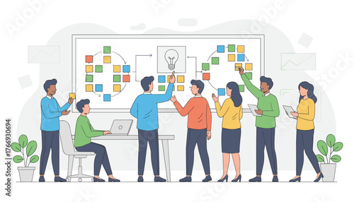 Agile scrum sprint or idea brainstorming teamwork, a diverse group of professionals collaborating around a whiteboard with sticky notes and flowcharts, symbolizing innovation and project management