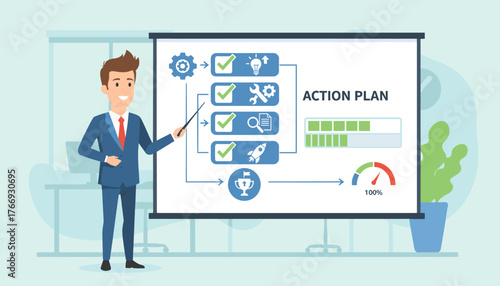 Business professional presenting a step-by-step action plan checklist on a projector screen, illustrating progress with icons for gears, lightbulb, tools, document, rocket, and trophy, signifying
