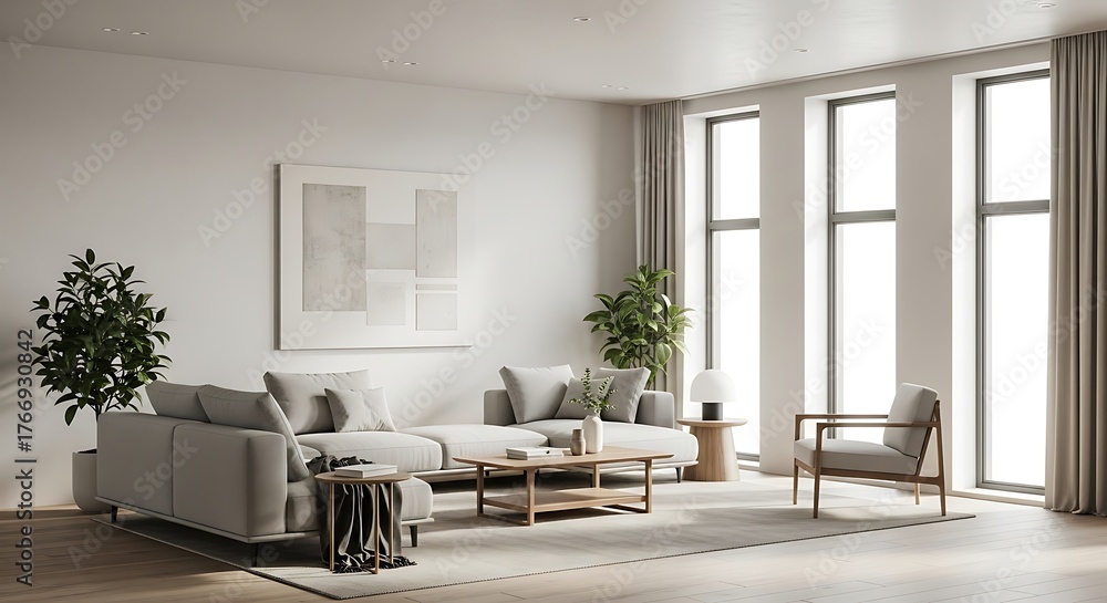 Fototapeta premium Neutral tones and minimalist design create a serene living room sanctuary