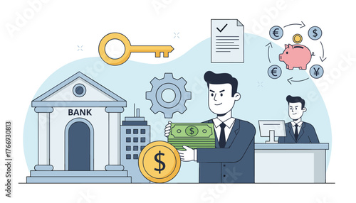 Business loan or bank offer money agreement concept, illustration of a man holding cash and a large coin, with a bank building, piggy bank, and currency symbols representing financial transactions
