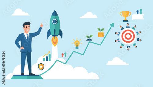 Successful business startup concept with a confident businessman pointing at a launching rocket, symbolizing growth, innovation, and achieving goals, illustrated with charts, coins, and a team