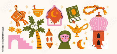 Set Arabic culture and tradition stickers in retro cartoon. Mosque, lantern, crescent moon, Quran, prayer beads, woman in hijab, palm tree and magic lamp. Cultural elements of Islamic heritage.
