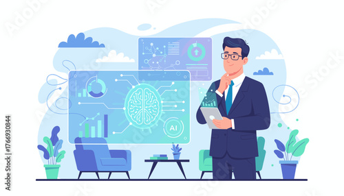 Thoughtful businessman in a suit analyzing market trends and business growth data on a futuristic holographic interface, showcasing AI and technological advancement in a modern office setting with