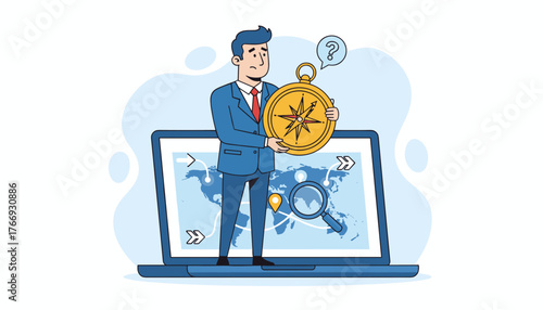 Confused businessman holding a golden compass over a laptop displaying a world map with navigation routes and a magnifying glass, symbolizing search, direction, and decision-making challenges in