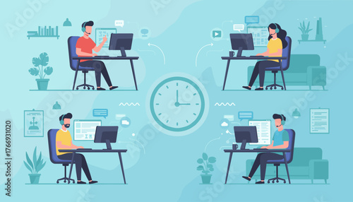 Modern flat illustration of a call center with four operators wearing headsets, working at computers, surrounded by communication icons and a large clock, symbolizing efficient customer service and