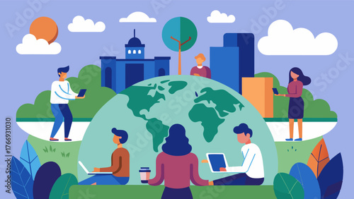 A student organization uses a virtual park to plan and coordinate their upcoming fundraiser working together from different corners of the world.. Vector illustration