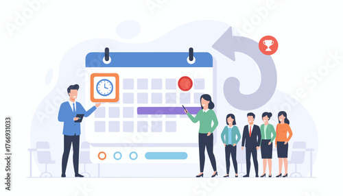 Business team planning and scheduling appointments on a large calendar, symbolizing effective time management, project deadlines, and strategic goal achievement in a modern office setting with a
