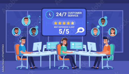 Vibrant illustration of a 24/7 customer service hotline operation, showcasing smiling agents with headsets, computer workstations, and a large screen displaying a 5/5 rating and positive feedback