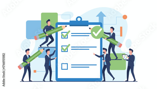 Team of business people collaborating to complete a project checklist, marking tasks as done with giant pencils and checkmarks, symbolizing teamwork, productivity, and successful task accomplishment