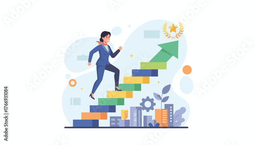 Dynamic illustration of a determined businesswoman in a blue suit ascending a vibrant staircase, symbolizing career growth, business success, and leadership achievement, with a green upward arrow and