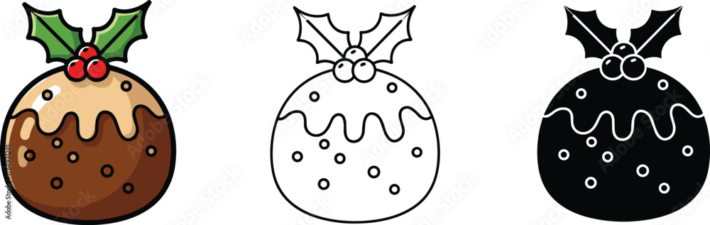 Fototapeta premium Christmas Pudding Icon Vector Set: Holiday Dessert with Holly, Color Cartoon, Outline, and Silhouette
