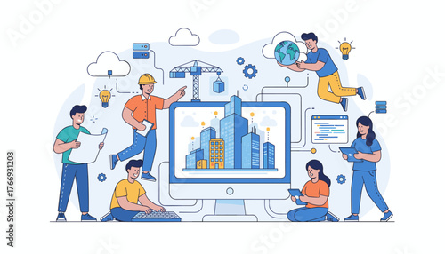 Diverse creative team collaborates on a futuristic urban development project, utilizing technology and innovation to build a sustainable city, symbolizing global business growth and architectural