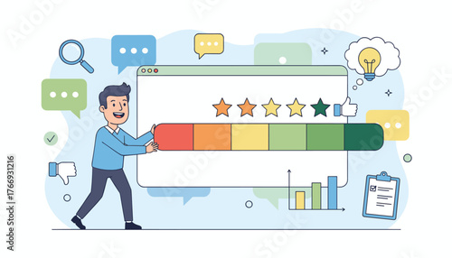 A happy businessman is adjusting a rating bar with stars and thumbs up icons, representing customer feedback and experience evaluation, with speech bubbles, a magnifying glass, and a lightbulb