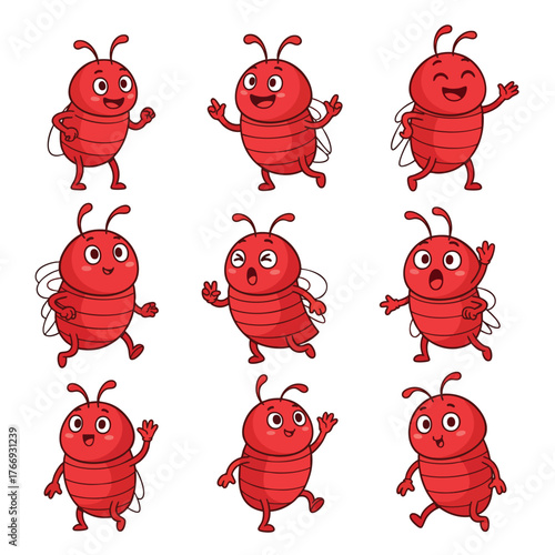 A set of cute red cartoon insect characters with expressive faces segmented bodies and various happy surprised and friendly poses.
