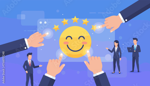 Customer service and satisfaction concept with a happy emoji face surrounded by stars, representing a five-star rating, with business people interacting with the interface, signifying feedback and