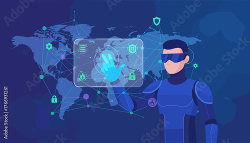 Futuristic cyber security concept with a person in VR goggles interacting with a holographic interface displaying a world map, network connections, and security icons like locks and shields