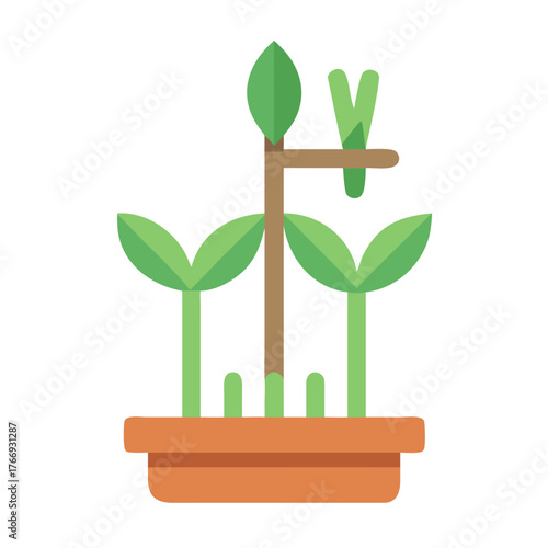 Minimalist Illustration of Young Seedlings Growing in a Terracotta Pot on Black