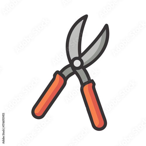 Isolated gardening shears with gray blades and orange handles against a black background