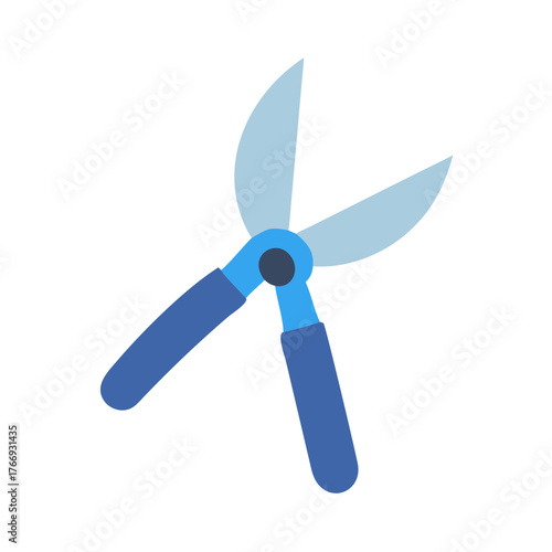 Flat graphic illustration of gardening shears with blue handle on black background