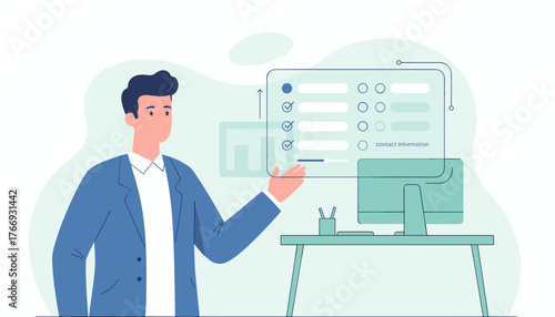 Modern digital feedback form interface with a businessman interacting with checkboxes, input fields, and radio buttons on a transparent screen, showcasing user experience and data collection in a