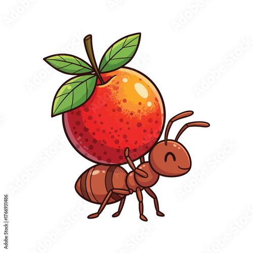 A strong smiling cartoon ant character carrying a large speckled red and orange fruit with green leaves.
