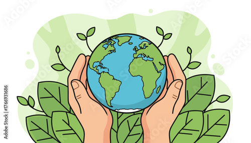Caring hands cradle the vibrant Earth globe, symbolizing environmental protection and nurturing nature with lush green leaves and delicate sprouts, representing growth and sustainability for a