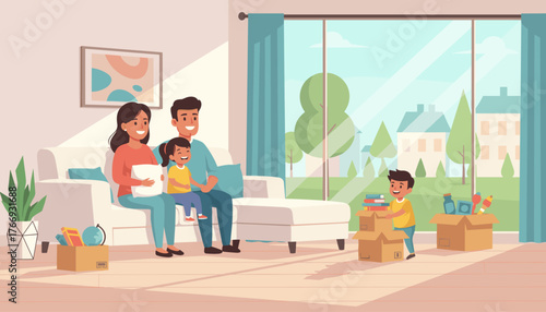 Joyful Hispanic family, parents and two children, relaxing on a sofa in their new home, surrounded by moving boxes, symbolizing a fresh start and happy domestic life with a bright window view of