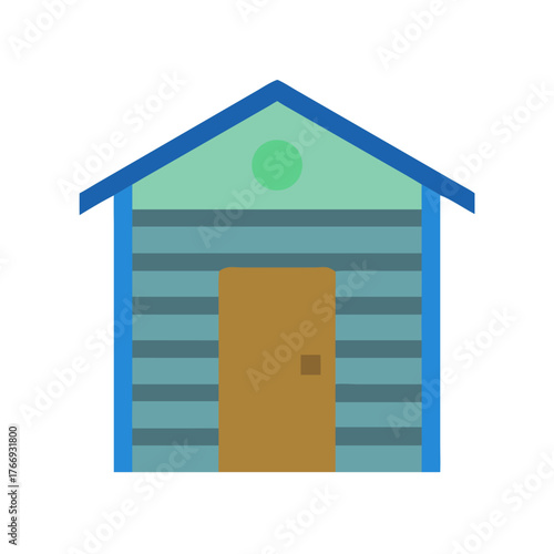 Minimalist flat design illustration of a shed with horizontal siding and door