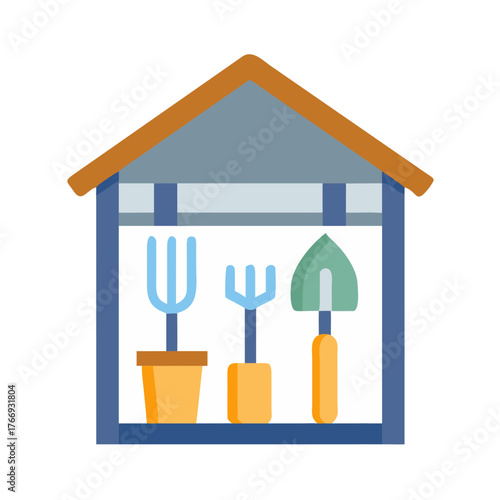 Illustrated garden tools in storage shed against black backdrop with flat style
