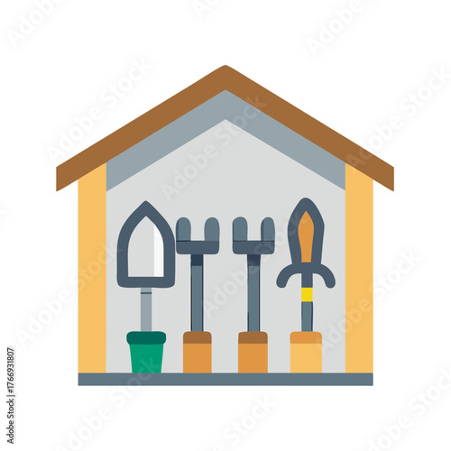 Garden shed filled with gardening tools illustration isolated on black background