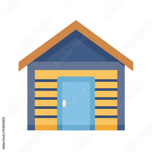 Isolated flat vector graphic of wooden shed with light blue door on black background