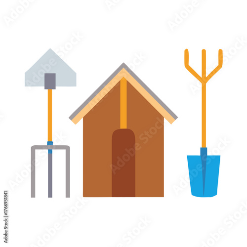 Flat design gardening tools and shed illustration for garden theme design