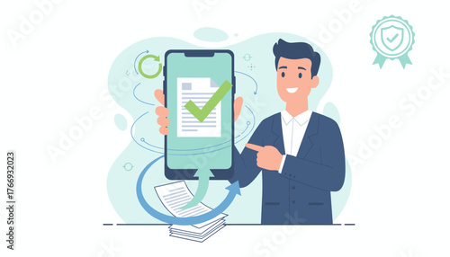 Quality assurance and guarantee concept, businessman holding smartphone with approved document and checkmark, symbolizing digital verification, trust, and successful business processes, with