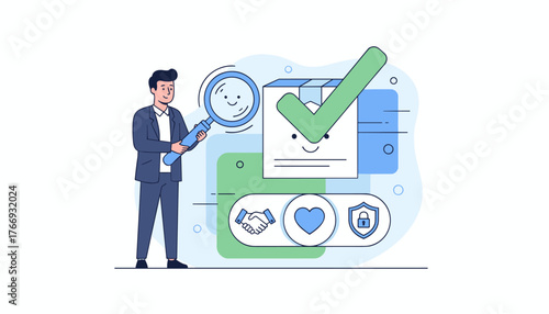 Quality Assurance Concept: A Businessman Inspects a Document with a Magnifying Glass, Featuring a Checkmark, Handshake, Heart, and Shield Icons Representing Trust, Care, and Security in Business