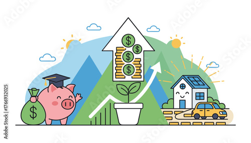 Vibrant flat vector illustration depicting financial growth and life goals: a piggy bank with a graduation cap and money bag, a plant growing into stacks of coins inside an upward arrow, and a happy