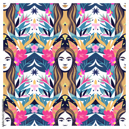 This seamless pattern combines vibrant botanical elements with stylized portraits of women, creating a lively and expressive design. The faces, drawn with delicate features and flowing hair.