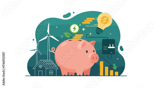 Vivid illustration of a piggy bank filled with coins, symbolizing savings, surrounded by elements of renewable energy like wind turbines, solar panels, and a lightbulb with a dollar sign