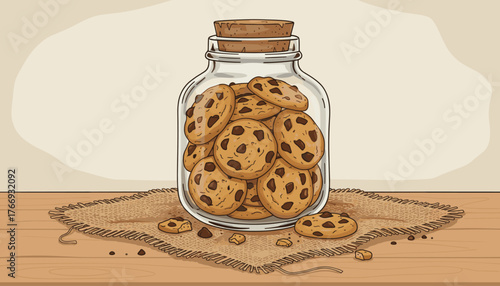 Charming illustration of a rustic glass jar brimming with delicious homemade chocolate chip cookies, sealed with a cork stopper, resting on a burlap mat on a wooden table, evoking a sense of warmth