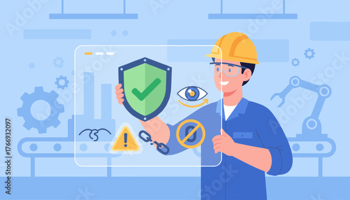 A smiling worker in a hard hat and safety glasses holds a shield with a checkmark, representing safety and security in an industrial setting with a conveyor belt and robotic arm, emphasizing caution