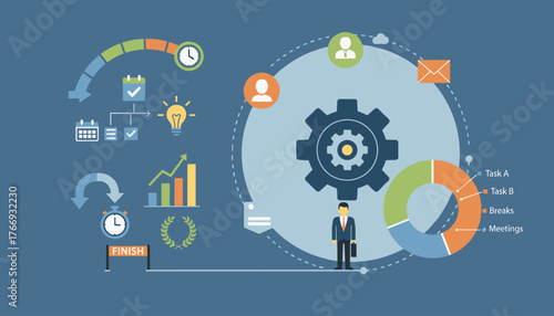 Visual representation of time management concept, illustrating efficient work processes with icons for planning, tasks, breaks, meetings, and progress tracking, symbolizing productivity and project